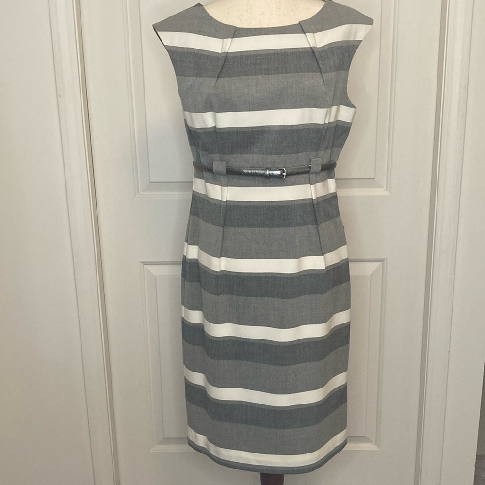 Calvin Klein gray and white striped dress. Fully lined. Size 10. Empire waist.